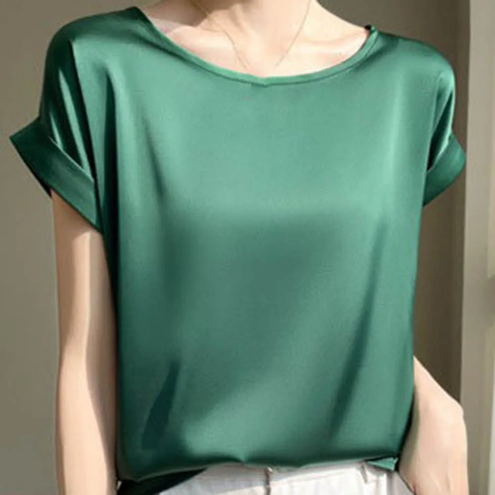 

Commuting Shopping Green Satin Blouse Short Sleeve Shirt Casual Wear Short Sleeve Satin Fabric Polyester Spandex