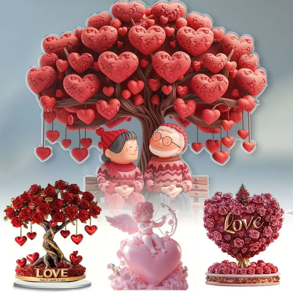 2D plane acrylic romantic heart tree couple ornament; red heart full tree decoration handicraft; Valentine's Day confession desk