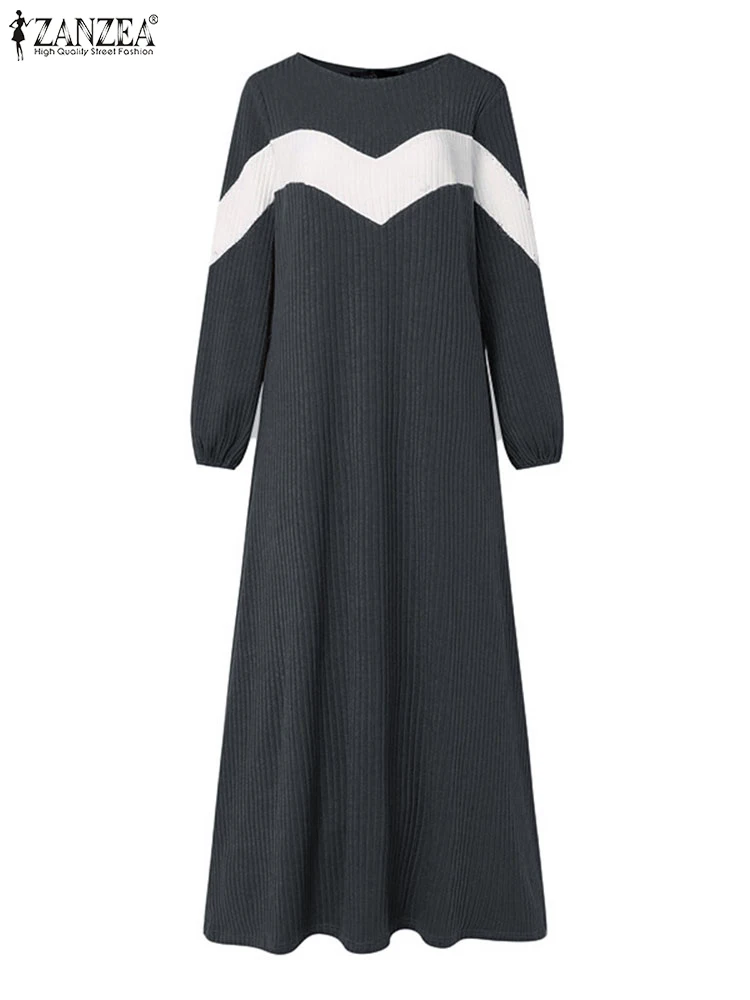 2024 Winter Dresses ZANZEA Autumn Patchwork Sundress Muslim Women Fashion Long Sleeve Knitted Dress Robe Femme Islamic Clothing