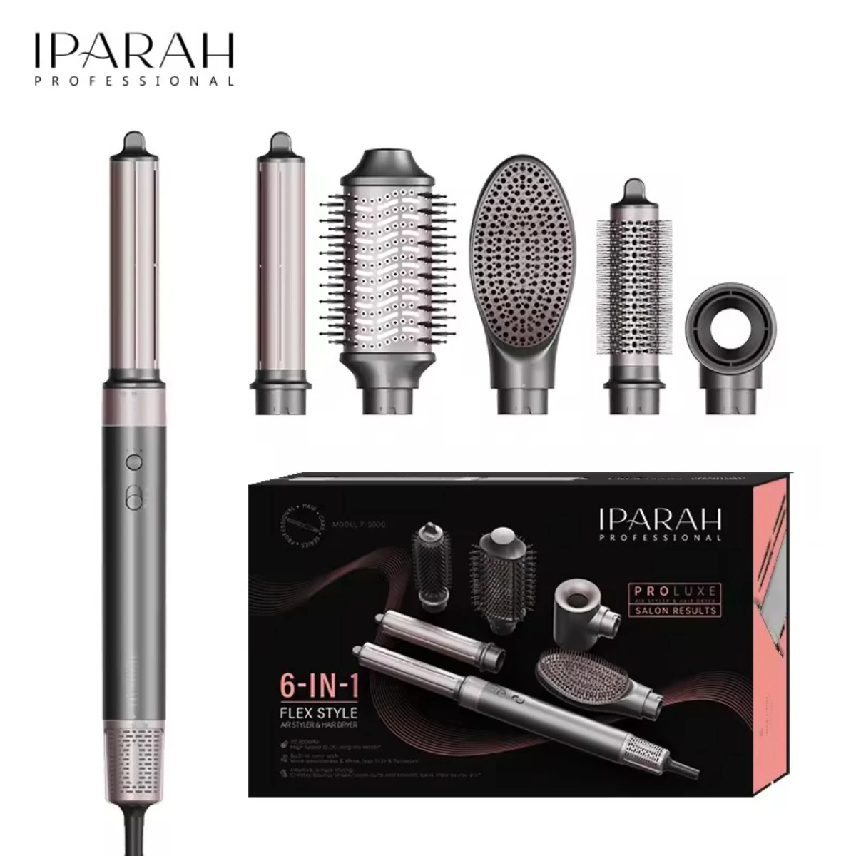 IPARAH Hair Dryer Professional Blow Dryer 6in1 Curler Wet Dry Hair Straightener Electric Hair Brushes Leafless Blow Dryer P-500