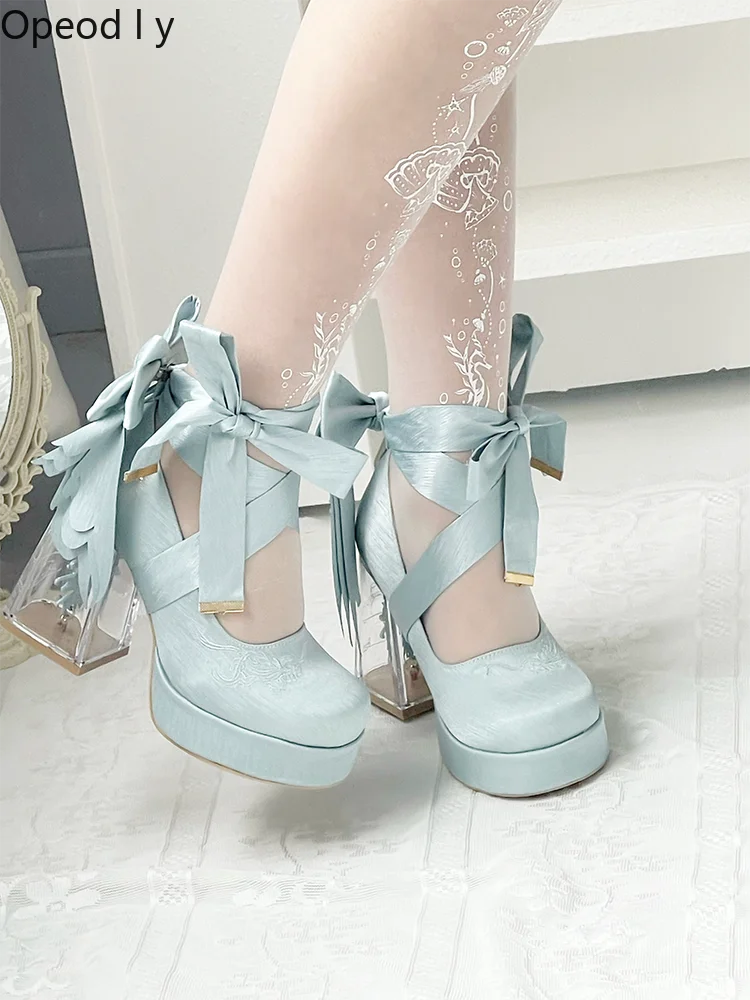 

Original Lo Shoes Sweet Round Head Transparent High Heel Waterproof Table Bow Satin Mary Jane Shoes Elegant Princess High Heels