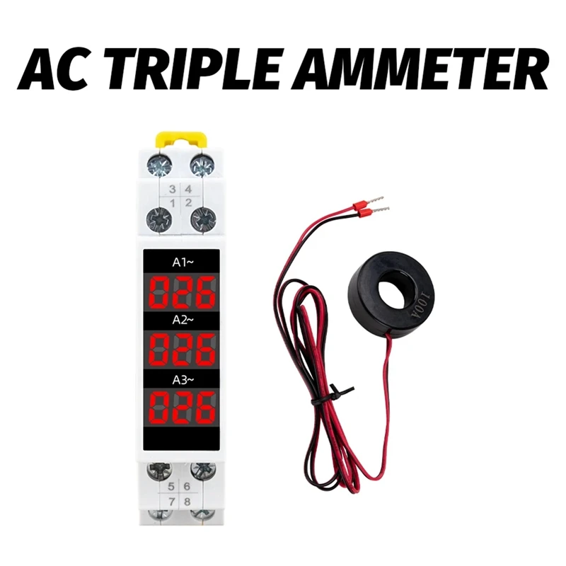Digital AmmeterDin Rail Mount 3 Phase Ampere Meter Mini Modular Current Meter Gauge Indicator
