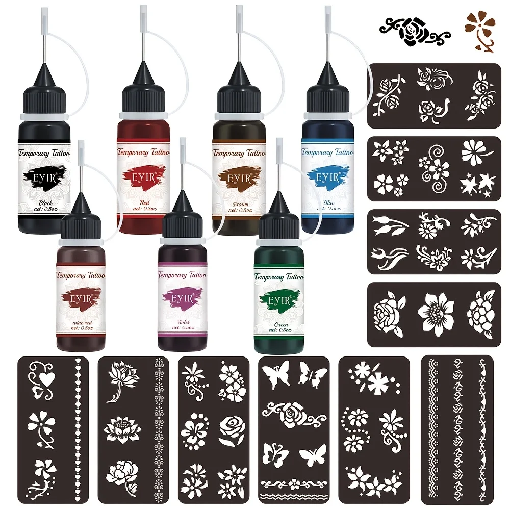 EYIR 7 Colors Temporary Tattoo Ink Set With Reusable Floral Stencils Henna Body Art DIY Kit Waterproof Hand Arm Decoration