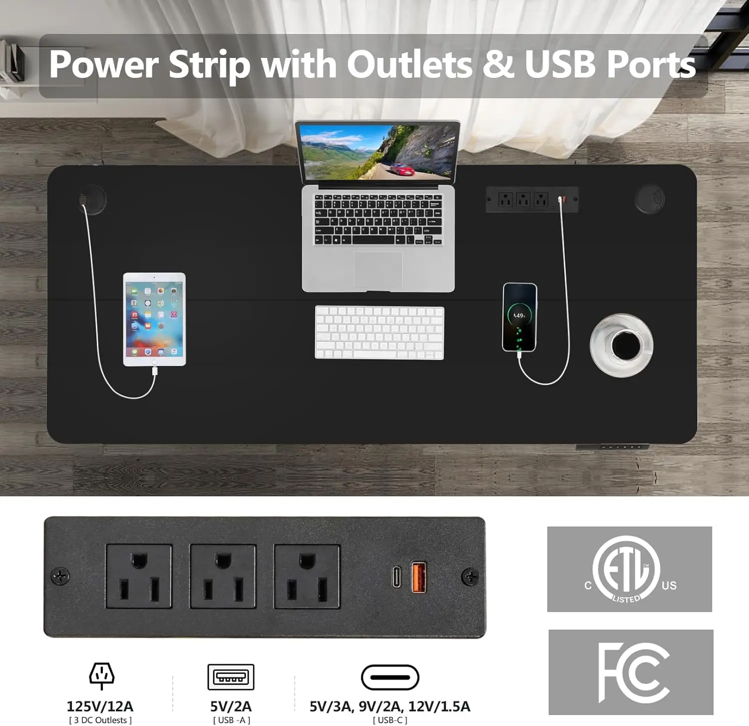 전동 스탠딩 데스크, 바퀴가 달린 55x24인치 높이 조절 가능, 앉아서 일하는 책상, 충전 스테이션, USB 2개, 콘센트 3개, 검정색