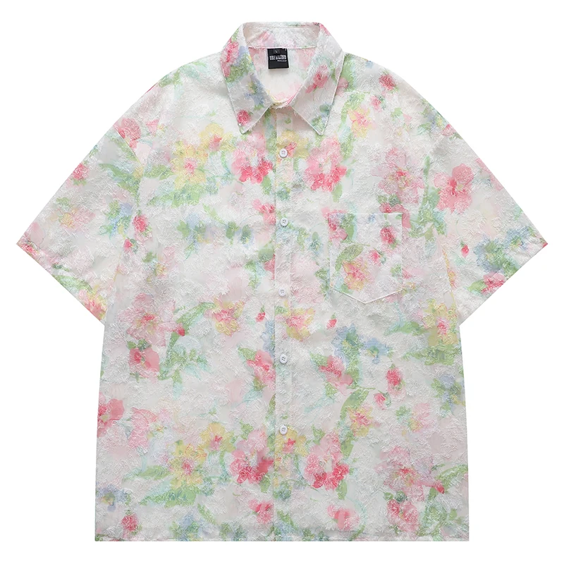 

Summer Mens Short Sleeve Shirts Hip Hop Jacquard Fabric Floral Graphic Blouses Harajuku Streetwear Casual Fashion Loose Shirts
