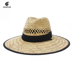 Handwork Women Men Lifeguard Hat Straw Cowboy Summer Beach Sun Hat Black Red Ribbon Outdoor Wide Brim Panama Hat Cowgirl Caps