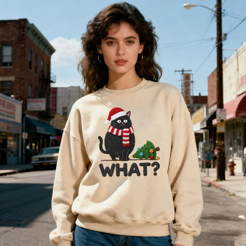 Sudadera What Cat con estampado de hilo sintético para mujer, divertida camiseta con estampado de árbol de Navidad, regalo de Navidad, Sudadera con capucha, ropa para mujer