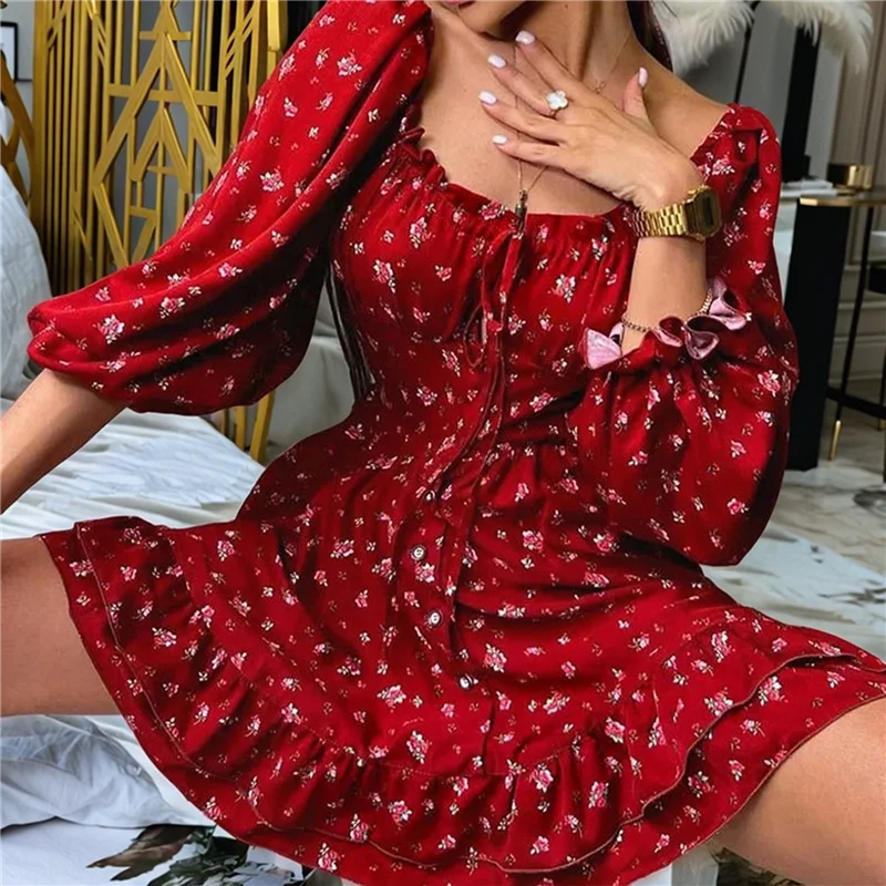 FX-レディース 花柄 オフショルダー パフスリーブ ショートドレス ボヘミアン フリルトリム Aライン ミニドレス レッド S