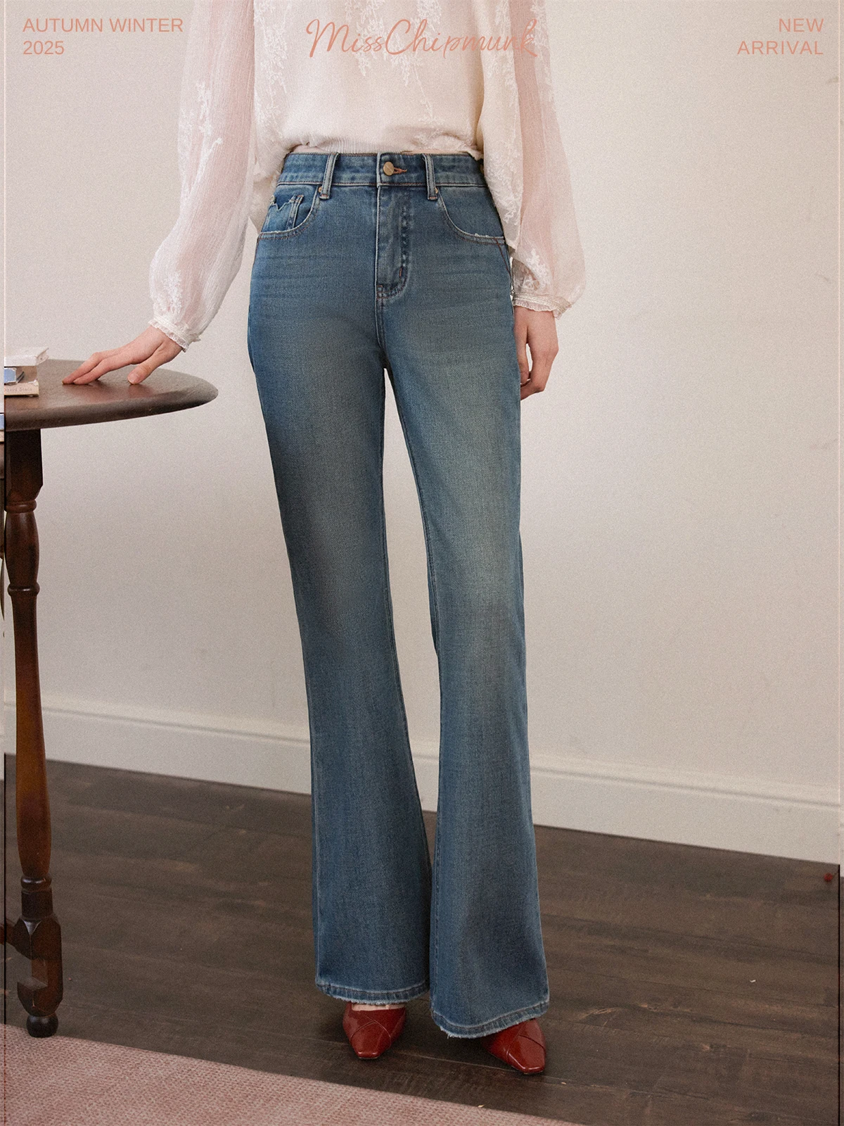 

Retro Fce Lined Bell Bot Jeans Wear Resistant Casual Sle for Ladies Winter Season l Waist Button Closure