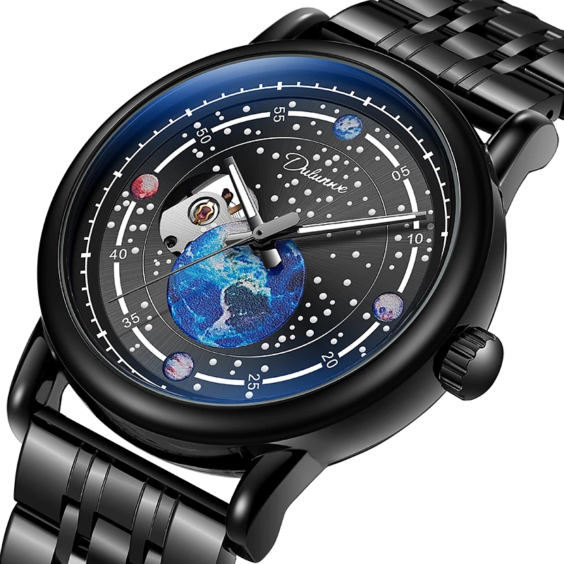 Dulunwe Transparent Fashion Case Luxury Casual Design Leather Strap Mens Watches Top Brand Luxury Mechanical Skeleton Watch
