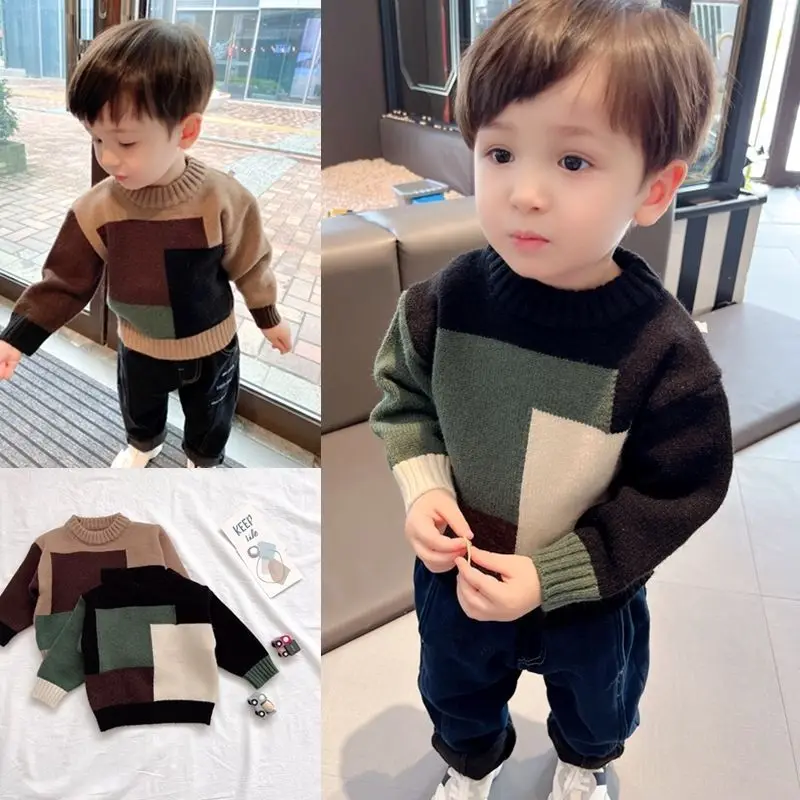 

Boys' Sweater Pullover Fleece-Lined Thickened 2022 Winter New Baby All-Match Knitwear Color Matching Sweater