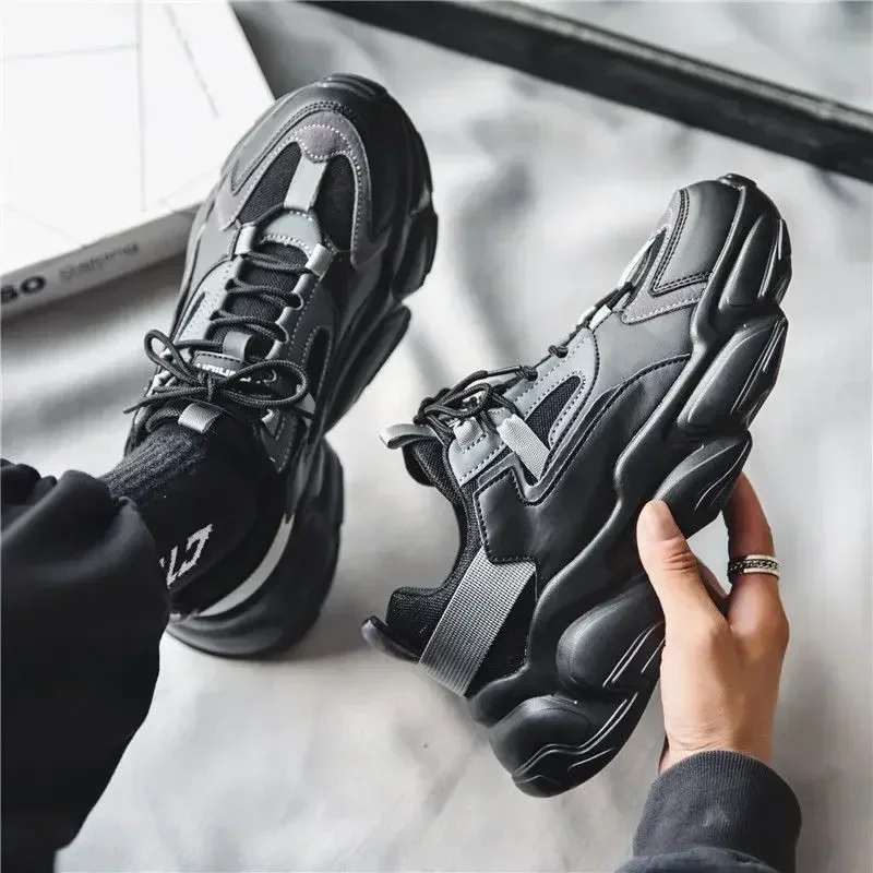 Solid Chunky Sneakers Men's Running Shoes 2024 Fashion Casual Breathable Leather Mesh Increased Thick Platform Designer Shoes