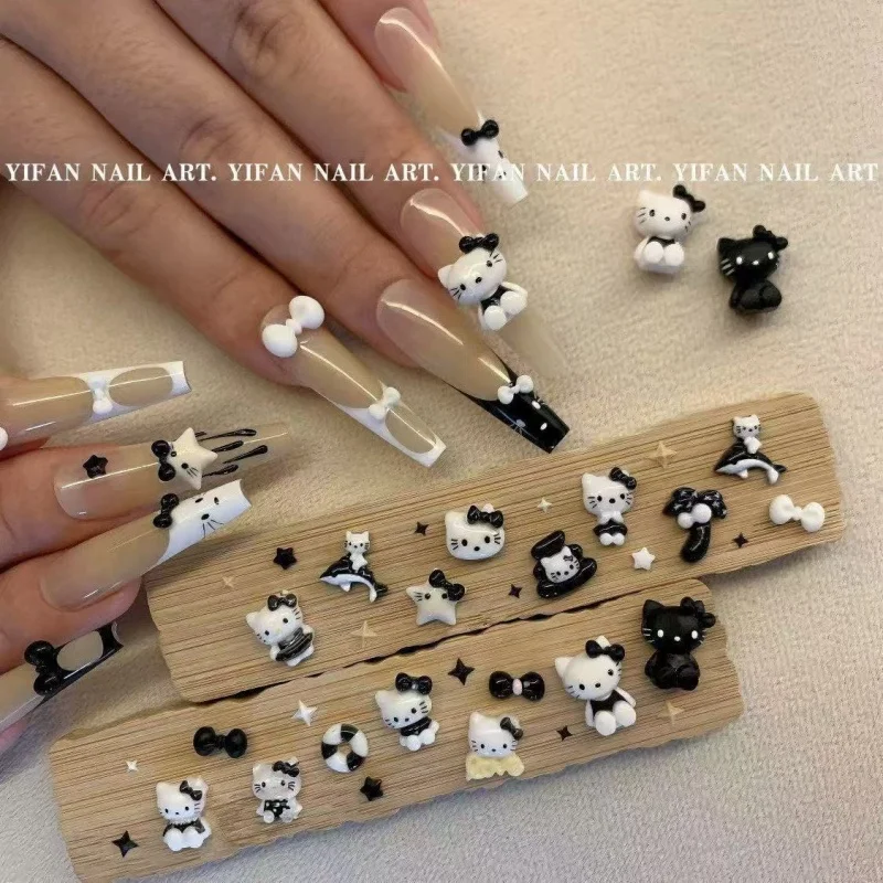 ชาร์มตกแต่งเล็บลายเฮลโลคิตตี้ 50 ชิ้น สีดำขาว คละแบบ น่ารัก 3 มิติ รูปหัวใจและโบว์  อุปกรณ์ตกแต่งเล็บสุดเก๋ น่ารัก สำหรับทำเล็บ