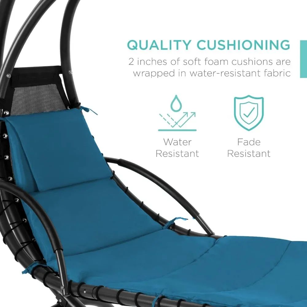 Outdoor Hanging Curved Steel Chaise Lounge Chair Swing W/Built-in Pillow and Removable Canopy for Garden, Outdoors