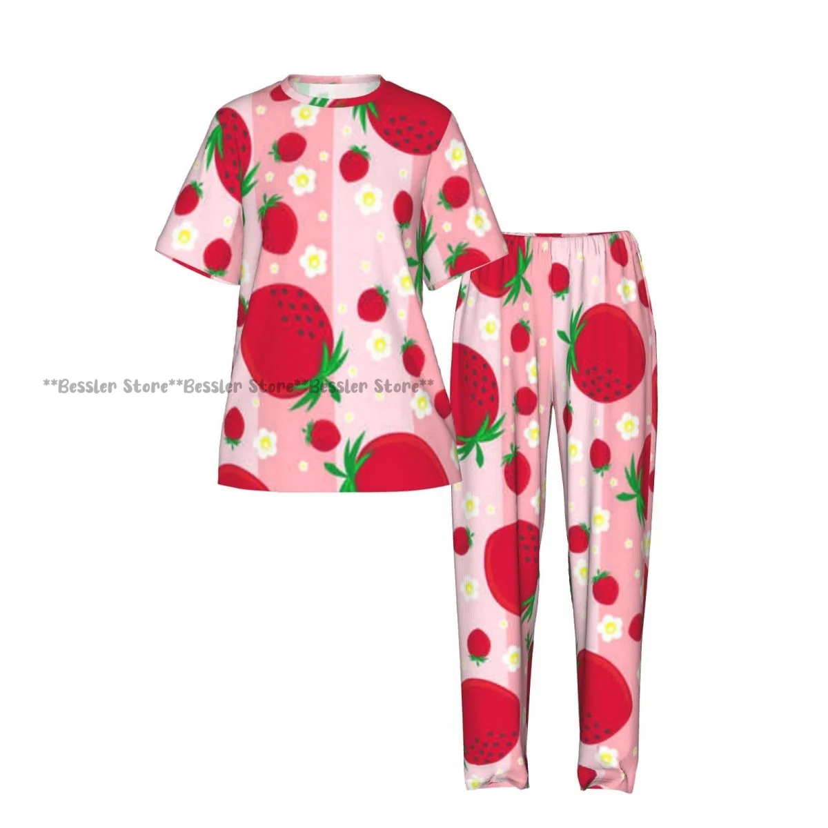 Women's 2-piece set Strawberry Pink Background Pajamas Short sleeved Top and Pants Sleepwear
