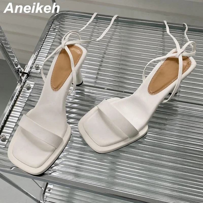 Aneikeh 2025 Summer Fashion High Heel Lace up Gladiator Sandals up Square Toe Open Toe Women\'s Dress Party Pumps Shoes