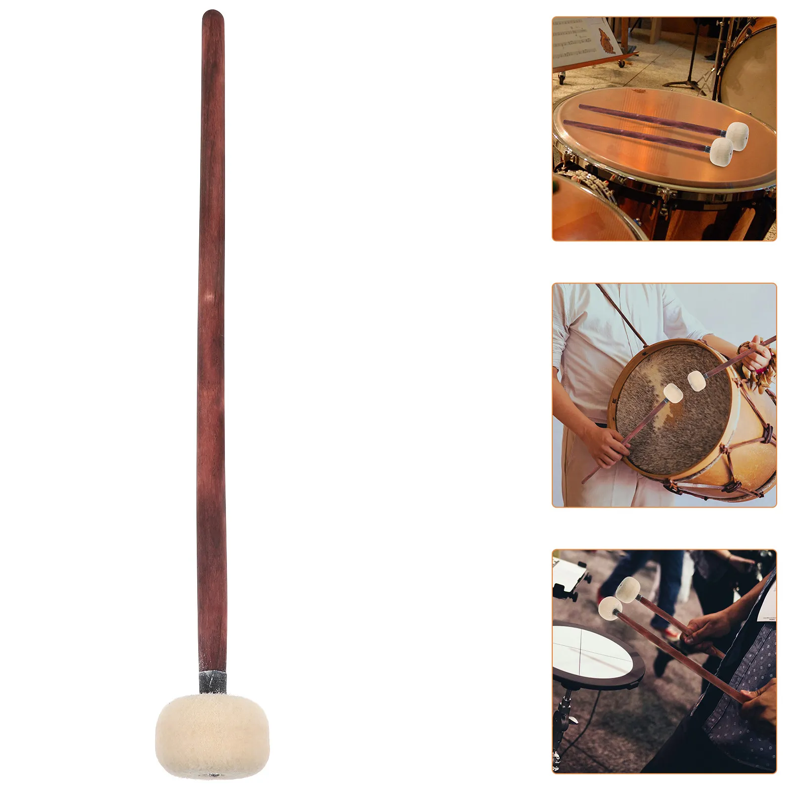 2 palos de tambor con mango de madera maciza y cabeza de fieltro grande, ideales para afinación de tambores, bandas de marcha y práctica de percusión.