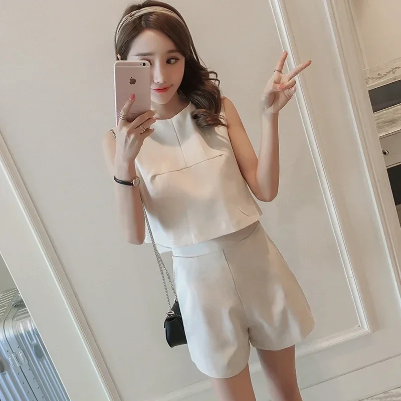 Women Clothing Sets Sleeveless Vest+Shorts 2Pcs Suit Cotton Linen Ladies Fashion Streetwear Female Casual Loose Outfits E5404