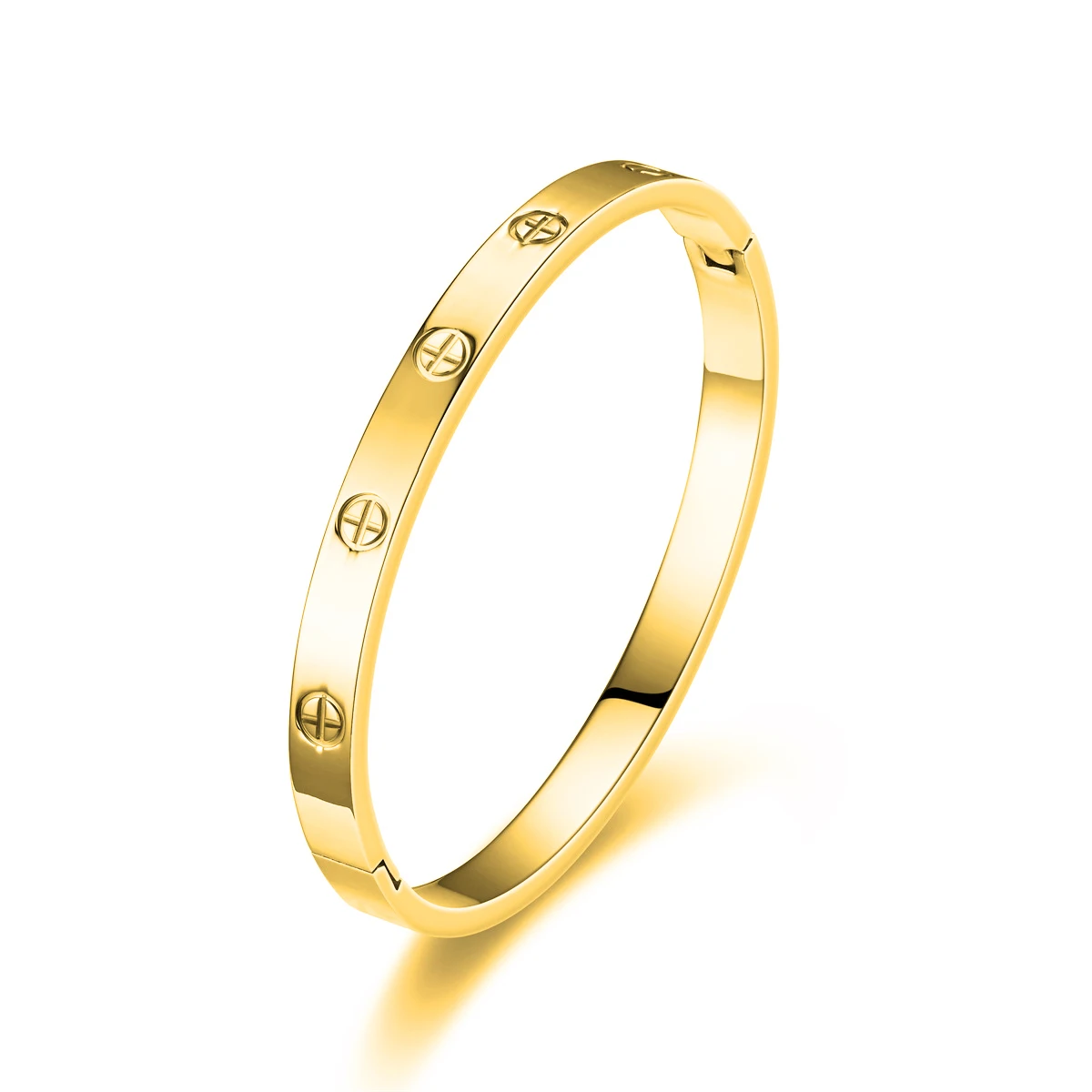 JP One Elegantes Goldfarbenes Schnapparmband, Edelstahl-Kreuzarmreif, Luxuriöser Damenschmuck (60mm Innendurchmesser)