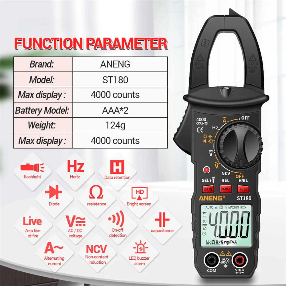 ST180 Digital Clamp Meter Multimeter 600V 4000 Counts AC/DC Current Ammeter Voltage Tester Car Amp Hz NCV Ohm Voltage Meter