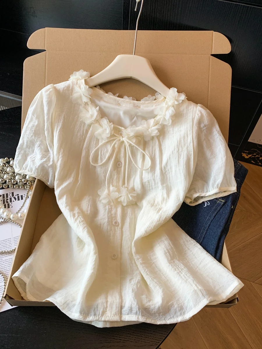

Women's Fluffy Flower Tie-Detail Chiffon Short Sleeve Shirt Loose Fit Slimming Top Korean Style Summer New Design Breathable