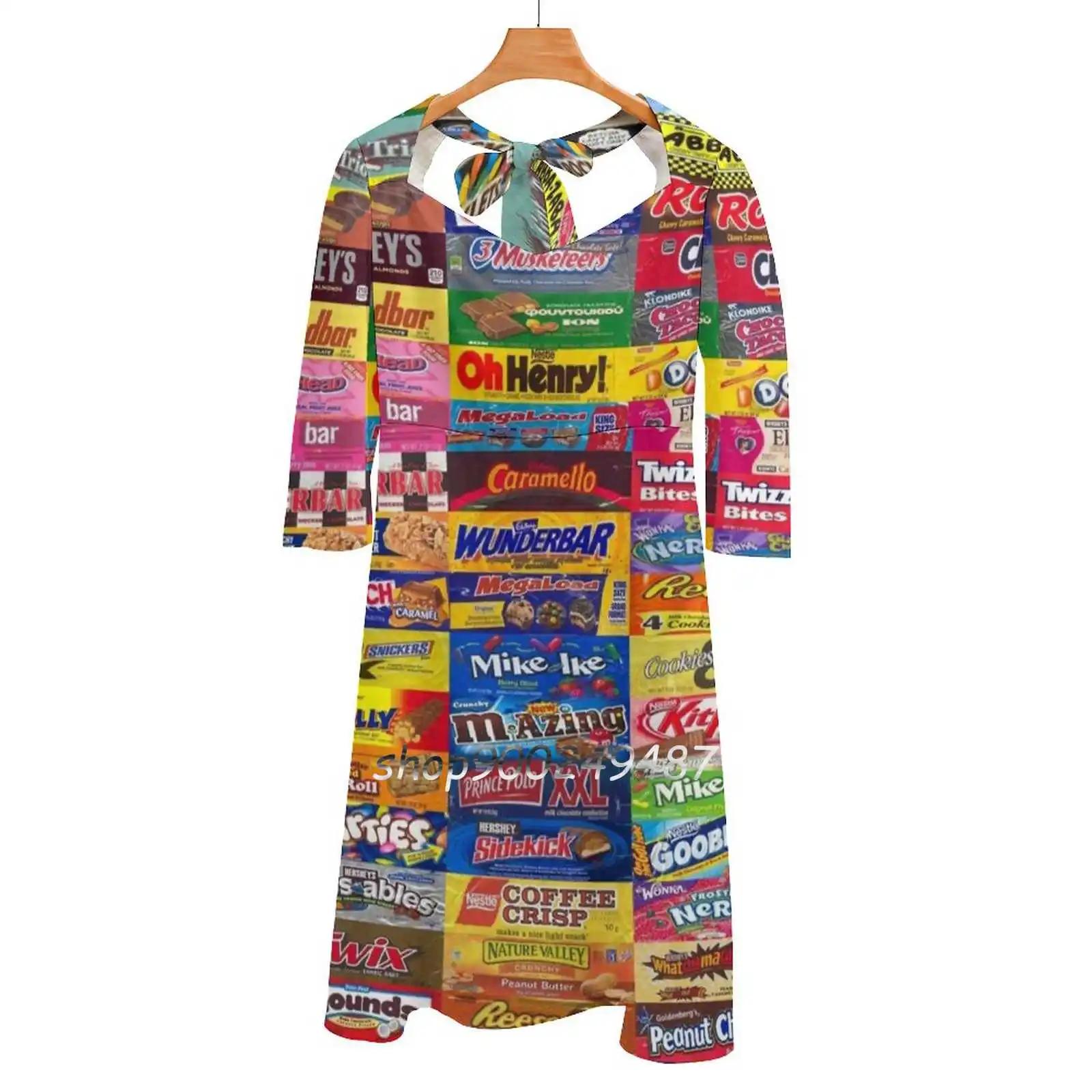 

Candy Wrappers Square Neck Dress Sweet Summer Dress Women Elegant Halter Print Dress Candy Wrappers Chocolate Gum Sugar