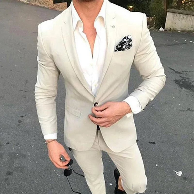 Suits For Men Wedding 2 Pieces Slim Fit Italian Style Formal Jacket With Pants Bridegroom Best Man Prom Beige Groom Tuxedo