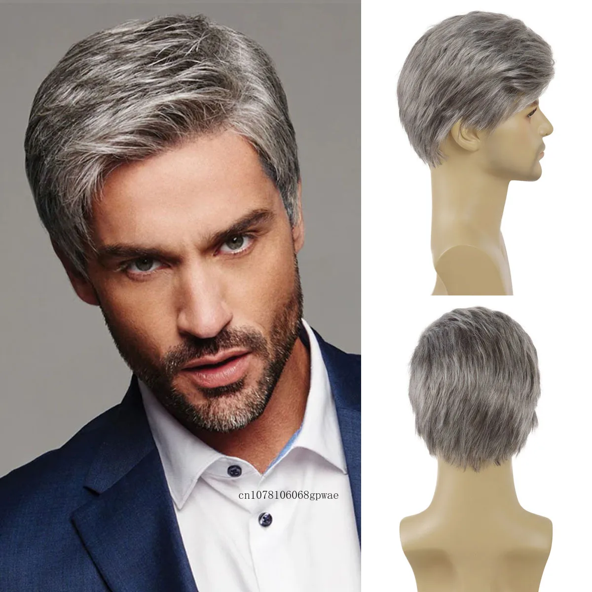 Perruque Synthétique Courte pour Homme, Coupe de Cheveux Grise, Faux Cheveux Naturels Lisses, pour Homme Âgé 03/Costume, Cosplay Classique