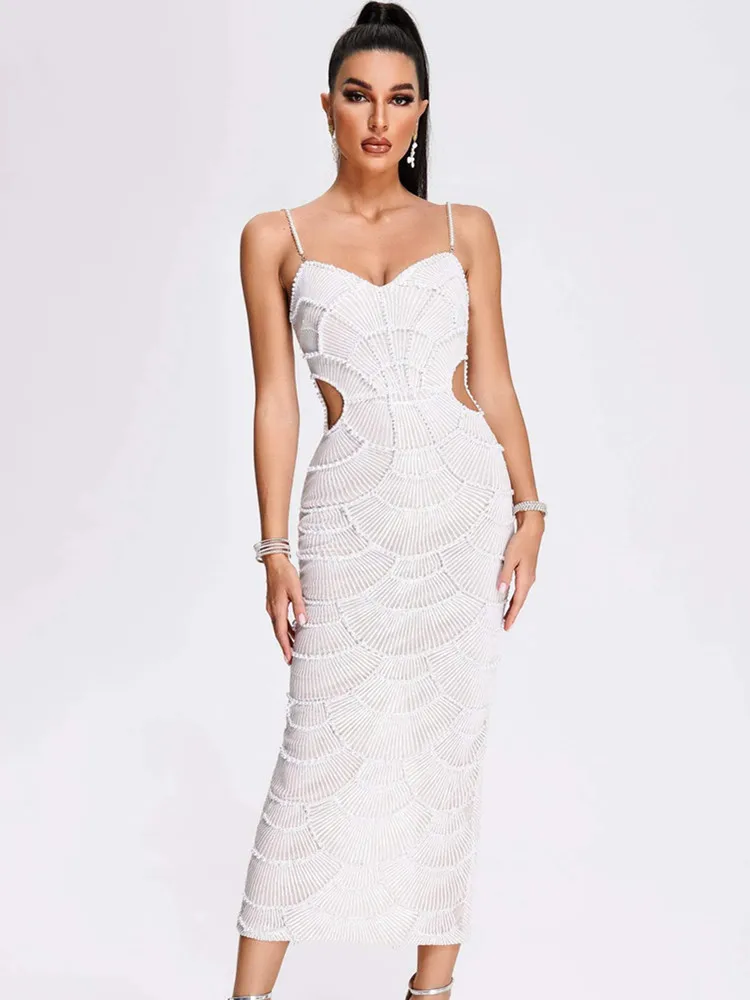 Women Luxury Sexy V Neck White Pearl Beading Cut Out Maxi Long Bodycon Gowns Dress Elegant Evening Party Club Dress