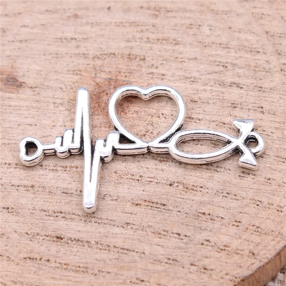 IFOCUS 10pcs/Lot Ecg Love Connector Charms For DIY Jewelry Making Zinc Alloy 19x34mm/0.75x1.34inch