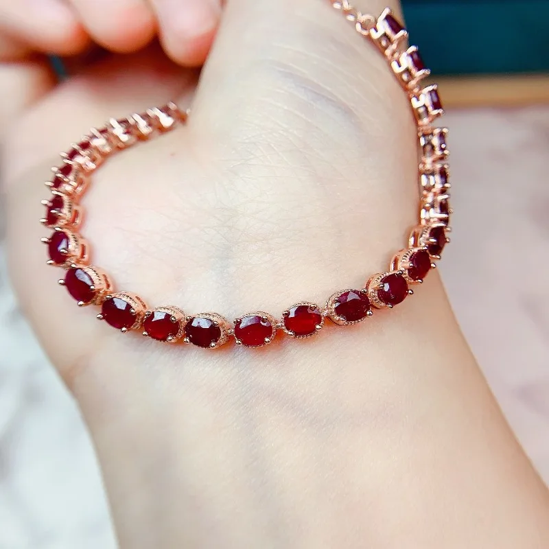 100% 925 Sterling Silver 4*3MM Oval Cut Natural Ruby Gemstone Women Bracelets Bangle Wedding Fine Jewelry Anniversary Gift