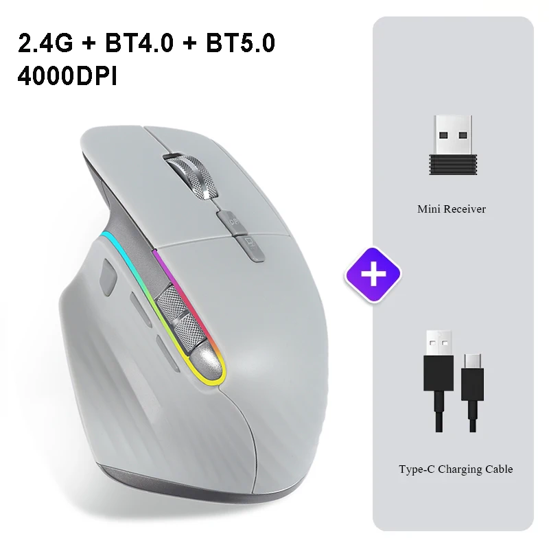 Wireless Mouse Bluetooth+2.4G Tri-mode Mouse Mute Mice Ergonomic Gaming Mouse USB-C Rechargeable 5 DPI For Laptop PC Notebook