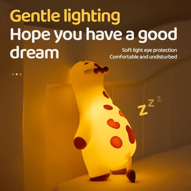 Mini luz nocturna de jirafa, lámpara de silicona recargable, lámpara de noche de dibujos animados, temporizador de adorno para decoración de dormitorio, regalos de cumpleaños para niños