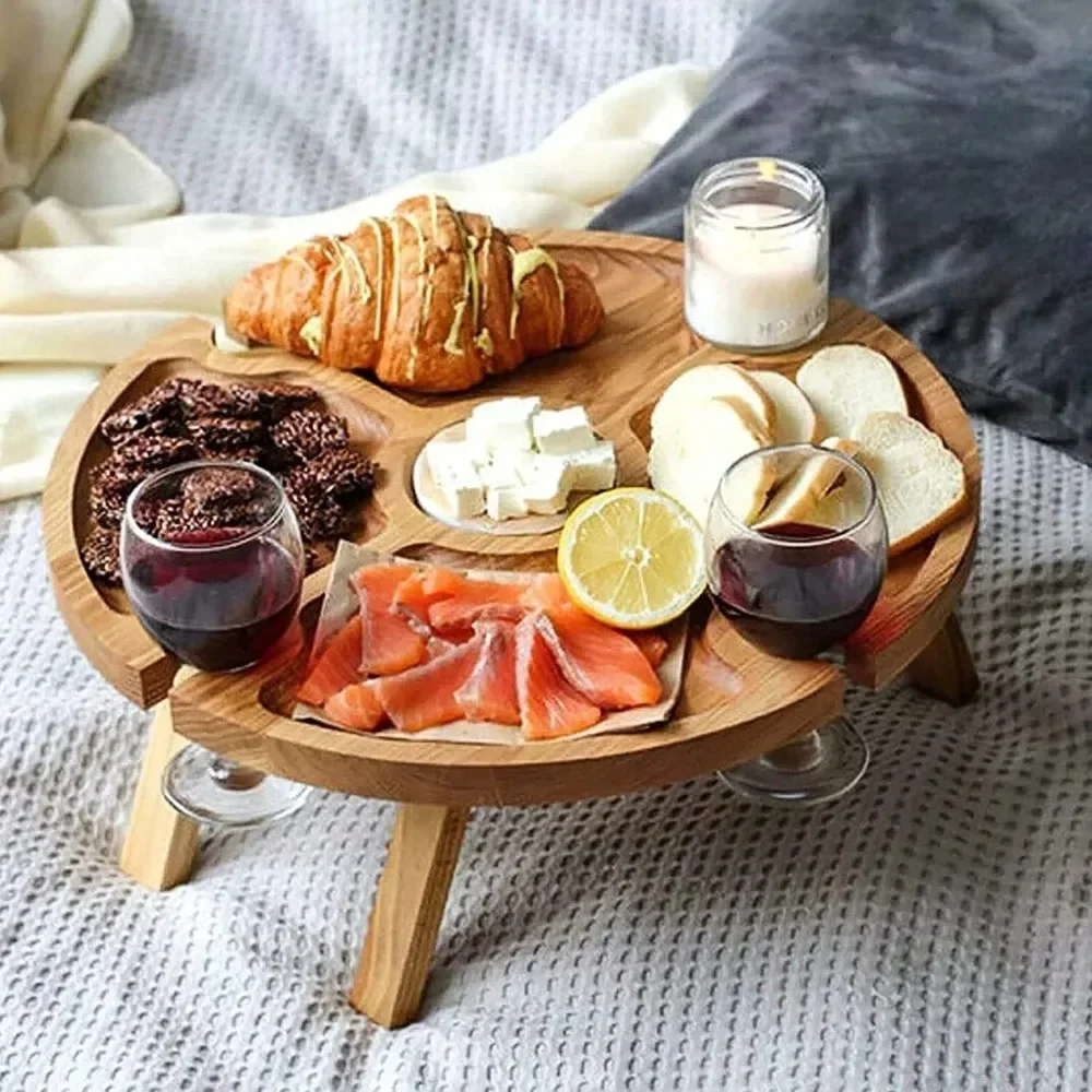 Wooden Folding Picnic Table Outdoor Camp Round Foldable Desk Wine Glass Rack Portable Leisure Time Snack Table Nut Fruit Plate image 2