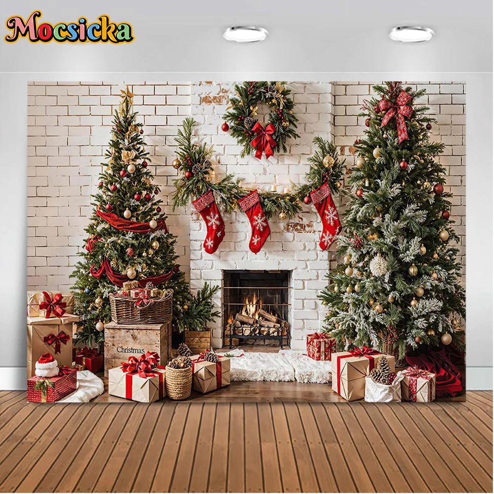 Fondo de fotografía de invierno Mocsicka árbol de Navidad calcetines rojos Festival fiesta familia niños fotos fondo accesorios de estudio
