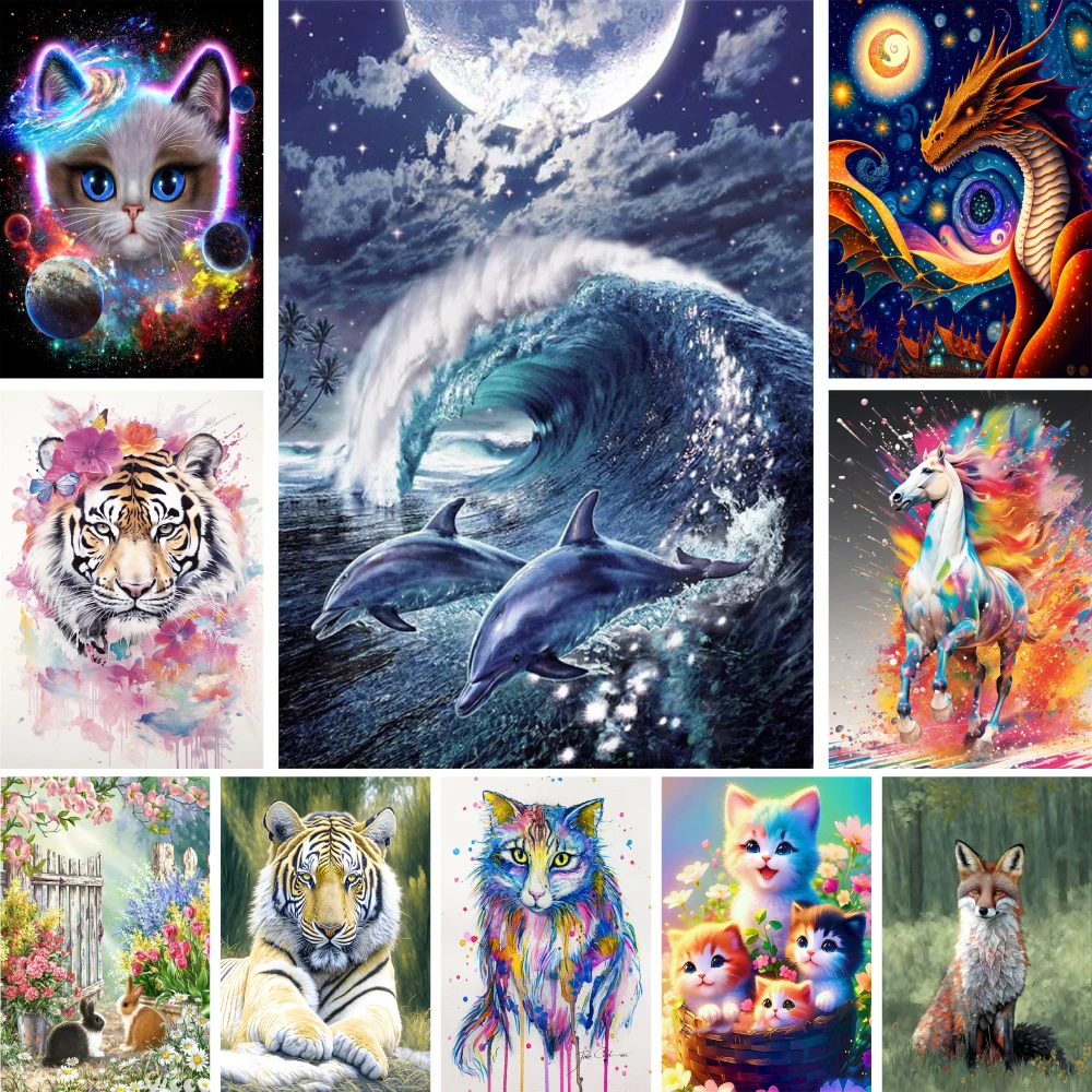 

Animals Dolphin Tiger Printed Canvas Cross Stitch Embroidery Set DMC Threads Handmade Craft Sewing Painting Floss Package Gift