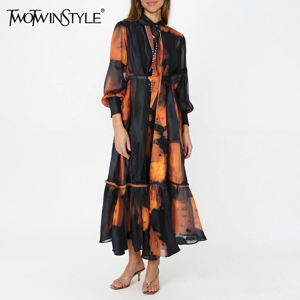 

TWOTWINSTYLE Hit Color Loose Spliced Lace Up Dresses for Women Round Neck Long Sleeves Sheer Patchwork Folds Dress Female New