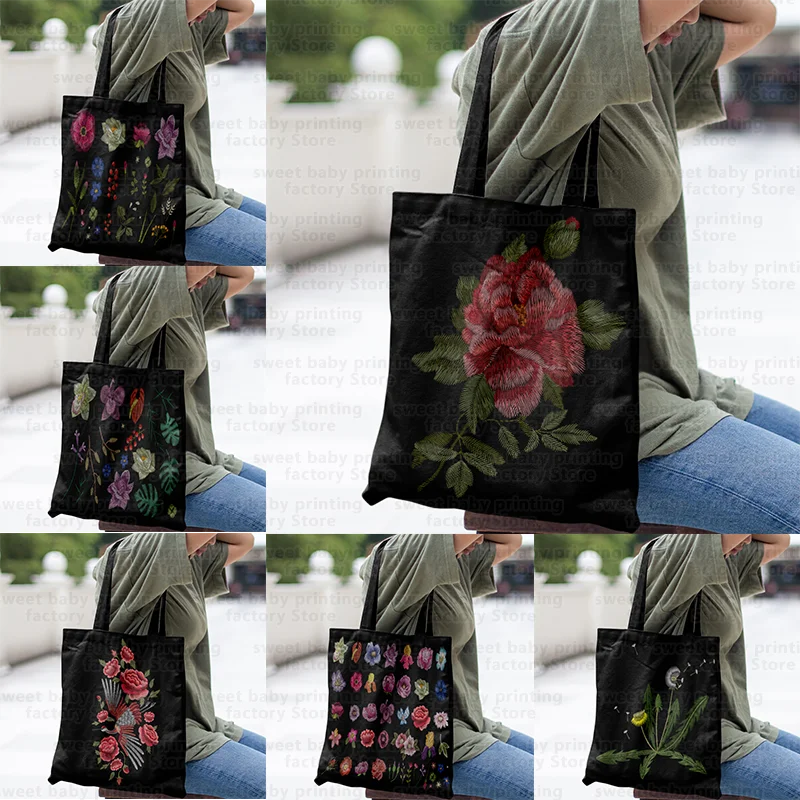 Various Types of Aesthetic Flower Prints Black Convenient Supermarket Shopping Tote Bag Environmentally Friendly Square Handbags