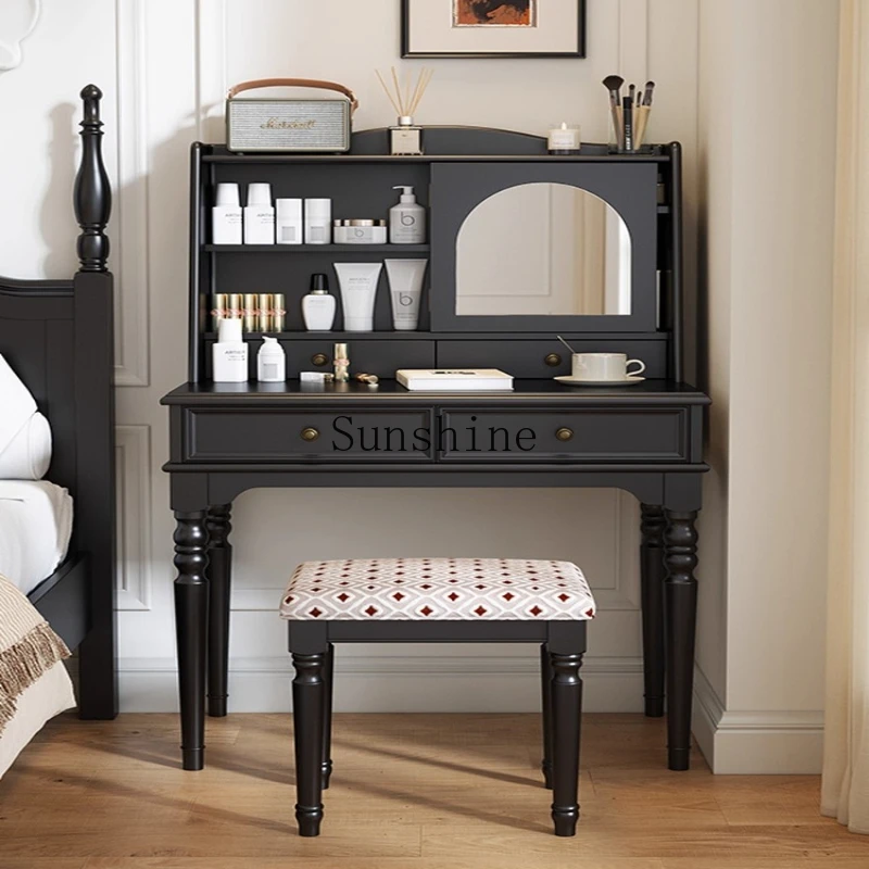 French retro makeup table bedroom solid wood small apartment storage, integrated, mirror hidden