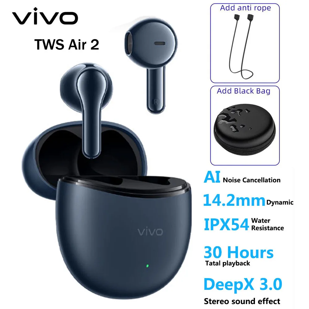 Original Vivo TWS Air 2 TWS Earphone Bluetooth 5.3 Dual Mic AI Noise Cancelling Wireless Headphone 30 Battery Life For X80 Pro