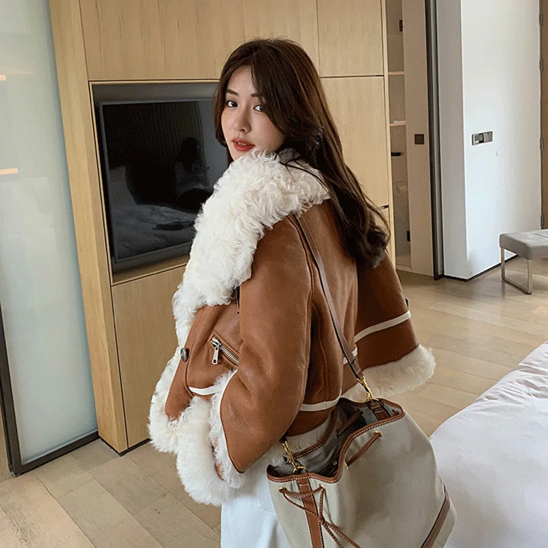 2024 Women's Genuine Sheepskin Leather Jacket Thick Warm Spring Autumn Fur Coats Fashion Lamb Fur Shearling Outwear