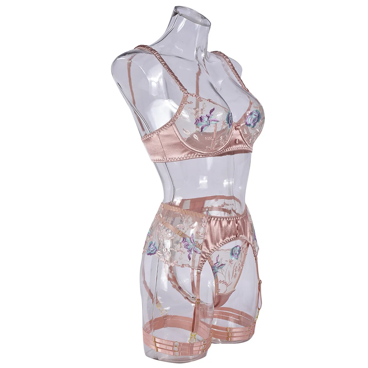 

Female Floral Embroidery Sensual Bra&Brief Suits Straps Club Gater Skinny Lingerie Women Spliced Sheer Underwear Sets