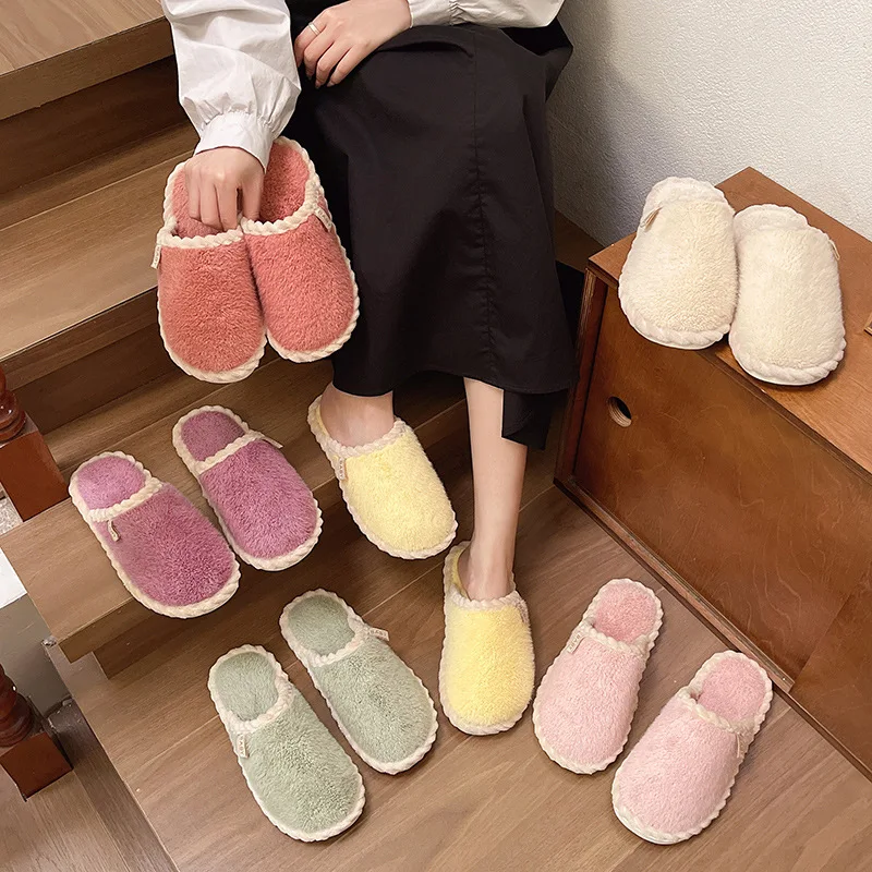 Winter New Fuzzy Slippers Autumn/winter Furry Couple Cotton Slippers Women's Anti Slip Flat Coral Fleece Interior for Home Use