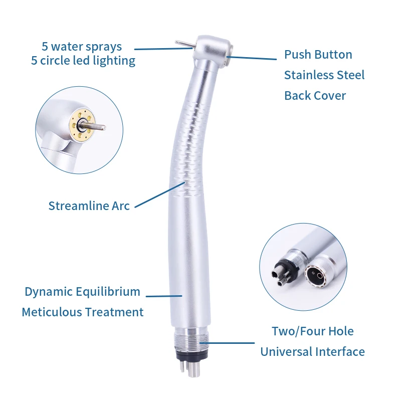 Handpiece dental com rolamentos cerâmicos, alta velocidade Odontologia Turbina, 5 LED, Water Spray, 5 Light, 4 furos, 2 furos, Push Button Lâmpadas