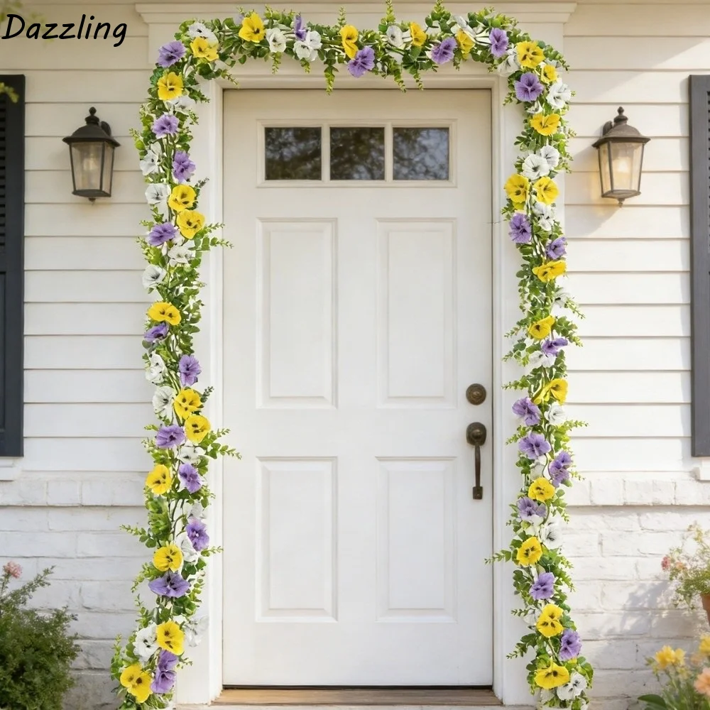 

Устойчивая к УФ-излучению искусственная гирлянда из пансей, подвесной цветочный венок, реалистичная гирлянда из листьев эвкалипта, гибкий пластик