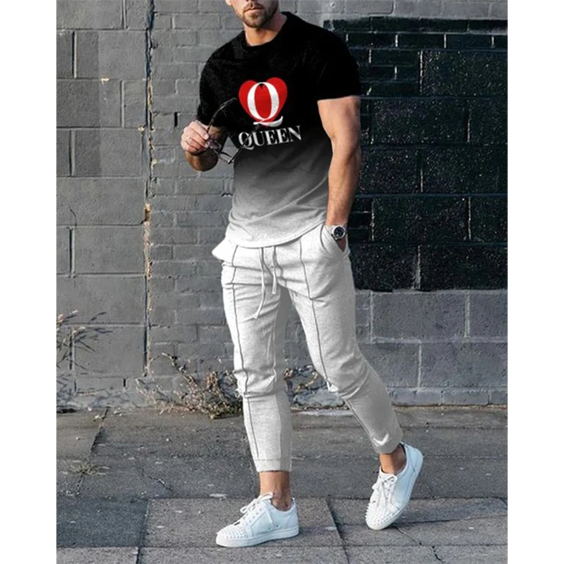 Erkek tişört pantolon eşofman şerit 3D baskı T shirt pantolon setleri 2 parça moda Streetwear erkek boy takım elbise spor