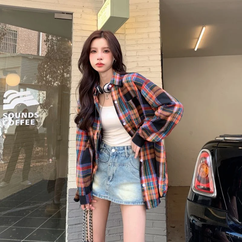 

Retro Hong Kong Style Checkered Shirt Jacket Women's Loose Long Sleeve Top Trendy Contrast Color Sweet Style Casual Wear