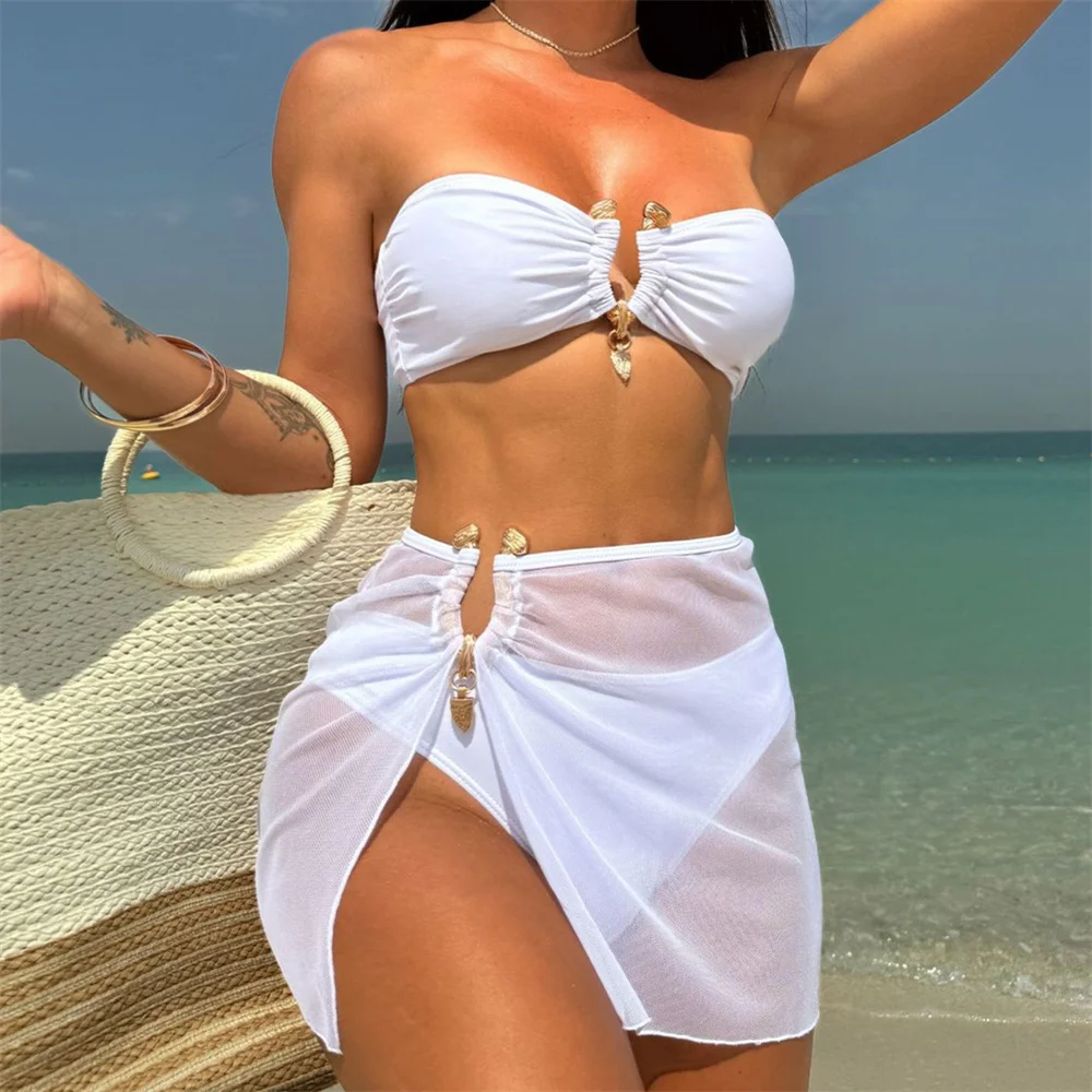 

Sexy Buckle Bandeau Bikini Skirt Drawstring Backless Swimsuit Mesh Cover Ups Beach Outfits Women Vacation Swimwears Bathing Suit