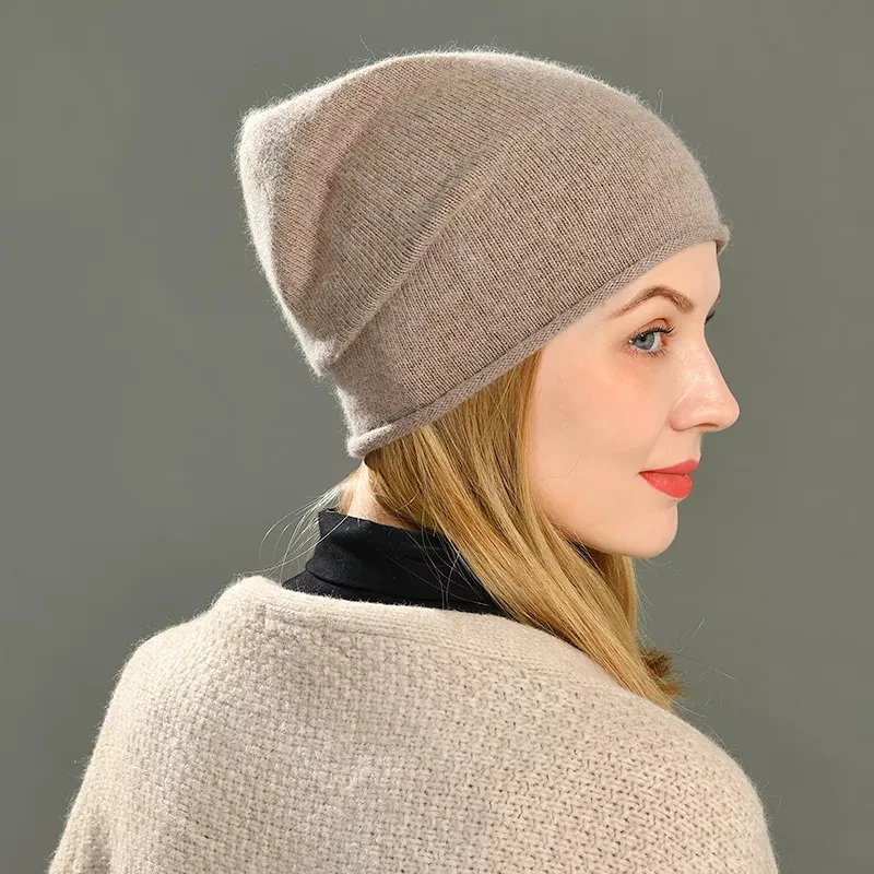 Jaxmonoy Autumn Knitted Thin Beanie Hat Women Cashmere Crimping Hem Cap Solid Color Casual Simple Girl Bonnet Fashion Female Hat