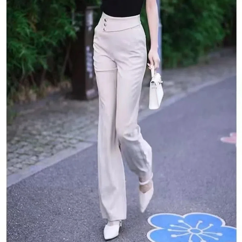 

Korean Women's Summer 2024 New Patchwork Zipper Button Pockets Fashion Solid Color Minimalist Office Lady Casual Flare Pants